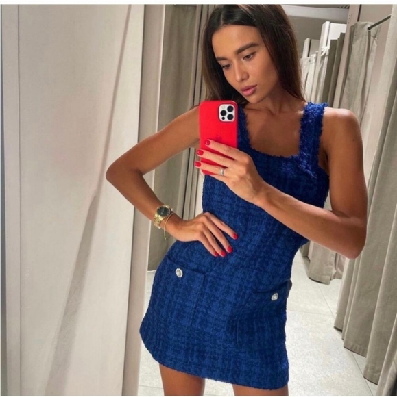 Zara Blue Tweed Jumper Dress Pinafore Mini Sleeveless Size Medium  With Pockets! - Picture 10 of 16